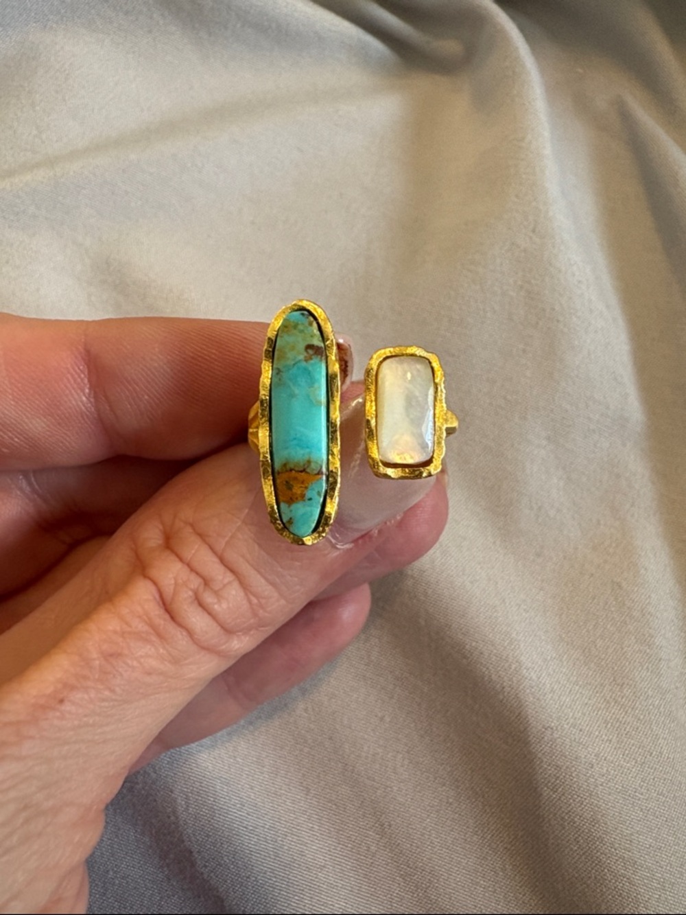 Gold-Tone Open Ring with Turquoise and White Stones